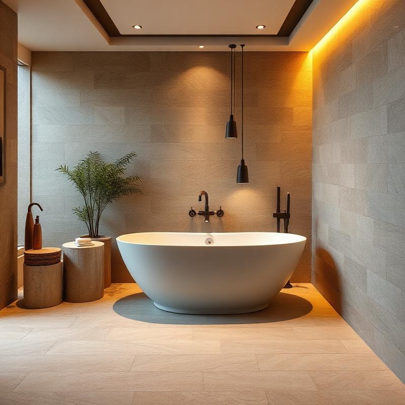 Modernes Bad mit warmer Beleuchtung und Badewanne